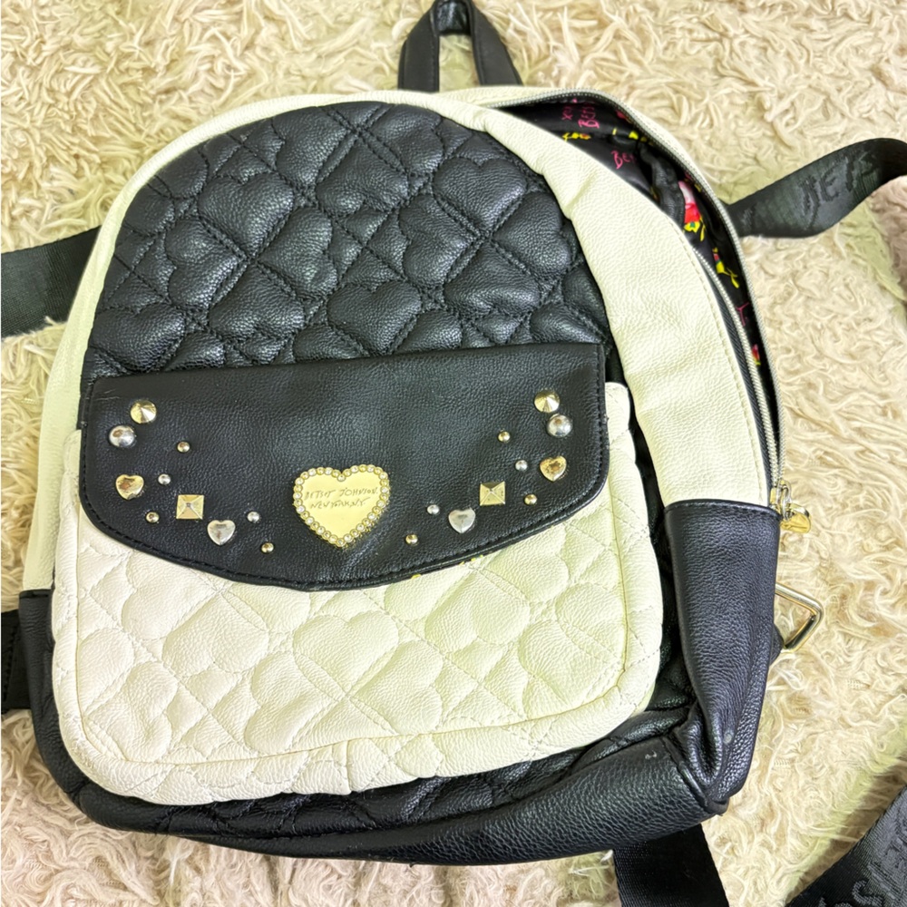 Betsey Johnson Heart Quilted Mini Backpack Black Cream Studded